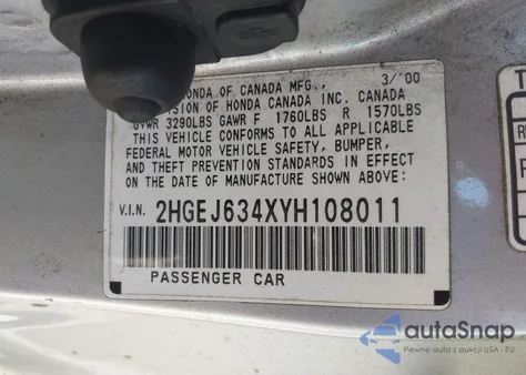 2000 Honda Civic Dx из США, поврежденный, VIN 2HGEJ634XYH108011